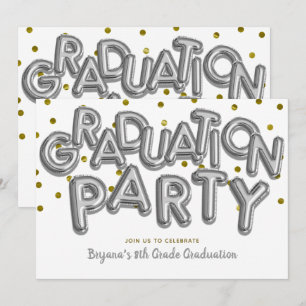 Invitación Fiesta de Graduación Globos Dorados Plateados Cele
