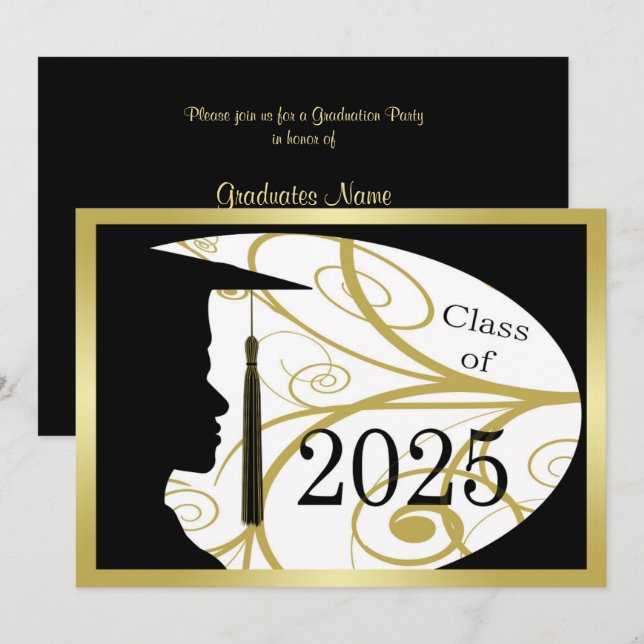 Invitación Fiesta de graduación Gold/Black Man Silhouette 202 (Anverso / Reverso)