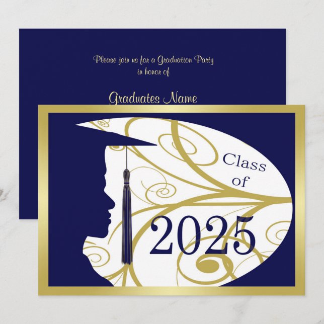 Invitación Fiesta de graduación Gold/Blue Man Silhouette 2025 (Anverso / Reverso)