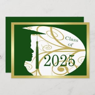 Invitación Fiesta de graduación Gold/Green Man Silhouette 202