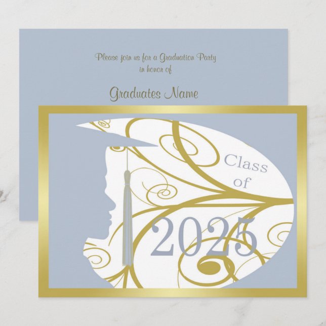 Invitación Fiesta de graduación Gold/Sky Blue Man Silhouette  (Anverso / Reverso)