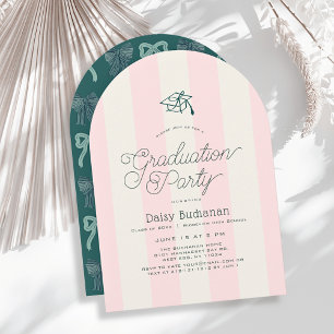 Invitación Fiesta de Graduación Gorra Verde y Rayas Rosadas