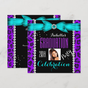 Invitación Fiesta de Graduación Grad Morado Turquesa Azul Leo
