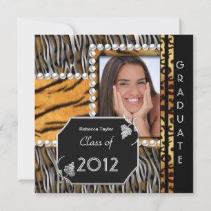 Invitación Fiesta de Graduación Grad Negro Leopardo Cebra Pla