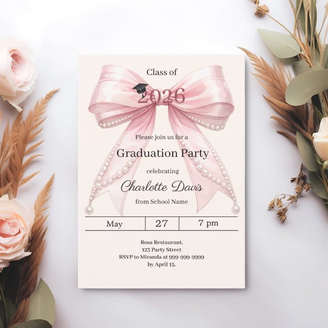 Invitación Fiesta de graduación lazo rosa crema promoción de  (Subido por el creador)