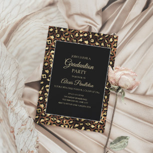 Invitación Fiesta de Graduación Leopardo Guepardo Negro Dorad