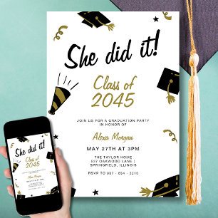 Invitación Fiesta de Graduación 'Lo Logró' Moderna en Negro y