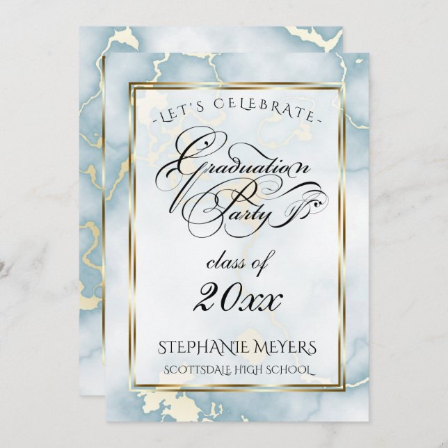 Invitación Fiesta de graduación Marble azul claro y oro (Anverso / Reverso)