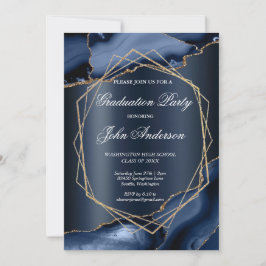 Invitación Fiesta de Graduación Mármol Azul Aquarela Dorado