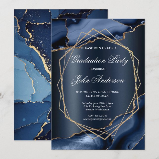 Invitación Fiesta de Graduación Mármol Azul Aquarela Dorado (Anverso / Reverso)