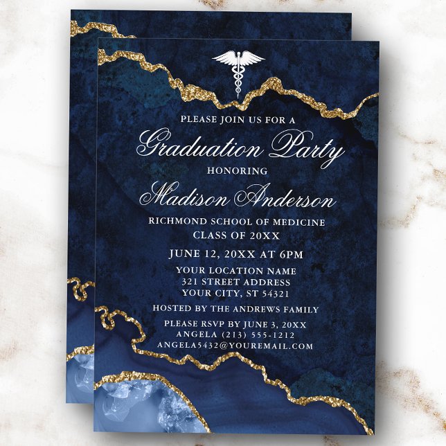 Invitación Fiesta de graduación médica de marble azul acuarel (Customize to change text size, style or to add more text or photos to back of card.)