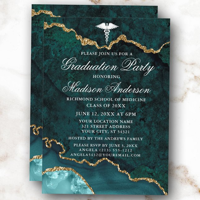 Invitación Fiesta de graduación médica de mármol Verde azulad (Customize to change text size, style or to add more text or photos to back of card.)