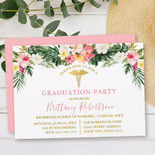 Invitación Fiesta de graduación médica floral tropical acuare