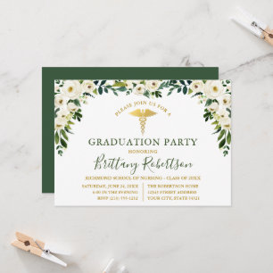 Invitación Fiesta de graduación médica floral verde acuarela 