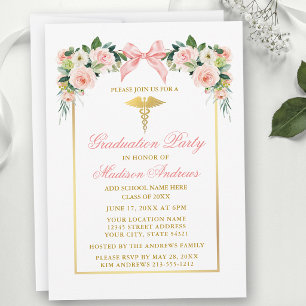 Invitación Fiesta de graduación médica lazo rosa floral acuar