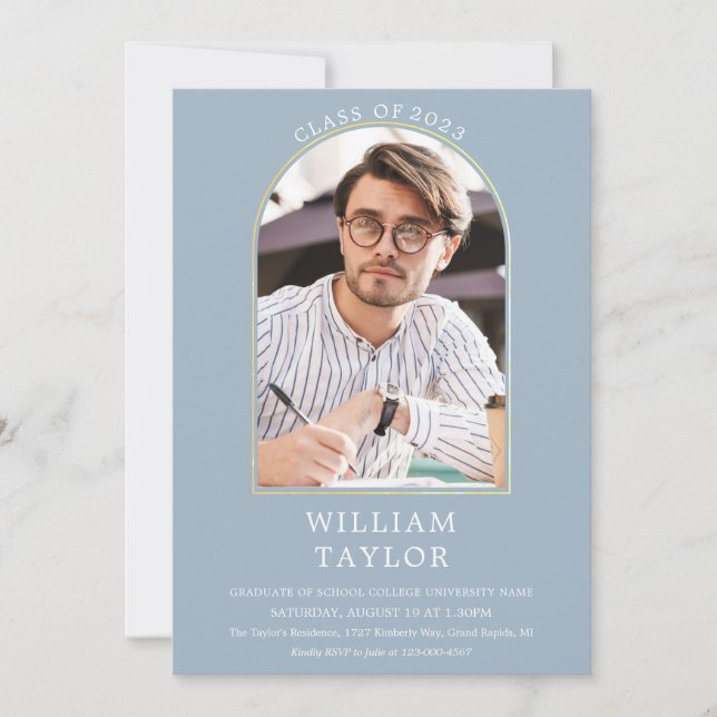 Invitación Fiesta de graduación moderna azul polvoriento con  (Anverso)