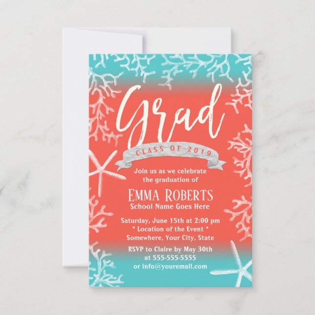Invitación Fiesta de Graduación Moderna Beach Coral Reef Star (Anverso)