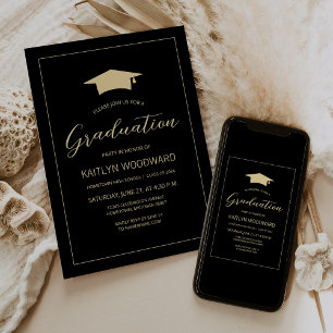 Invitación Fiesta de Graduación Moderna Cap Black Gold 2025