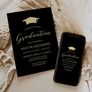 Invitación Fiesta de Graduación Moderna Cap Black Gold 2026