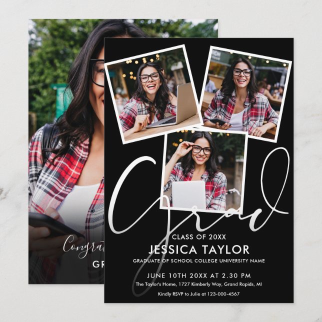 Invitación Fiesta de graduación moderna con collage de 4 foto (Anverso / Reverso)