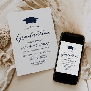 Invitación Fiesta de graduación moderna con gorra azul marino