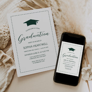 Invitación Fiesta de graduación moderna con gorra verde esmer