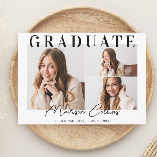 Invitación Fiesta de Graduación Moderna de 3 Fotos en Blanco