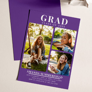Invitación Fiesta de graduación moderna de 3 fotos en morado