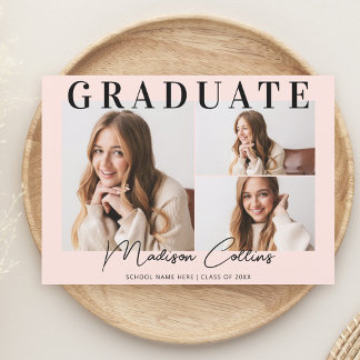 Invitación Fiesta de Graduación Moderna de 3 Fotos en Rosa Ru