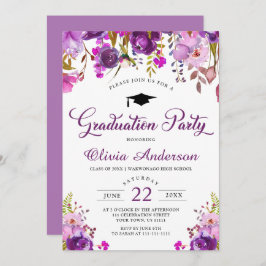 Invitación Fiesta de graduación moderna de color morado flora
