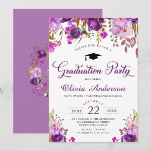 Invitación Fiesta de graduación moderna de color morado flora