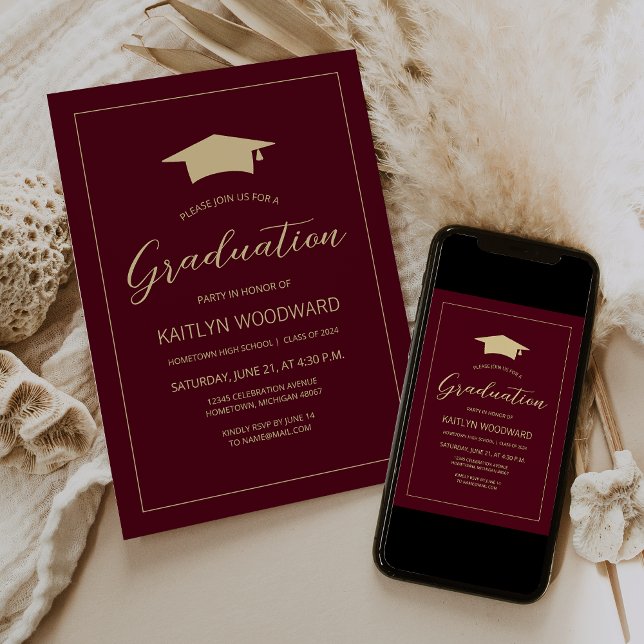 Invitación Fiesta de graduación moderna de oro y burdeos 2026 (Subido por el creador)