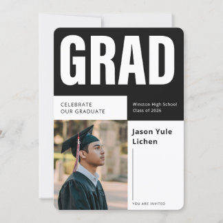 Invitación Fiesta de Graduación Moderna en Blanco y Negro