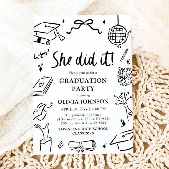 Invitación Fiesta de Graduación Moderna Hecha a Mano (Modern Hand Drawn She did it Graduation Party Invitation)