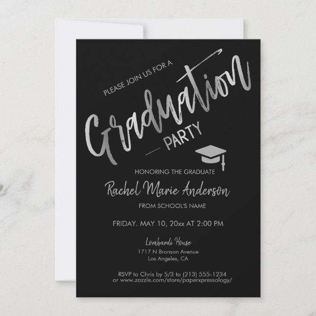 Invitación Fiesta de Graduación Moderna Minimalista de Negro  (Anverso)