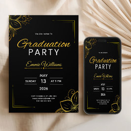 Invitación Fiesta de graduación moderna y elegante en negro y