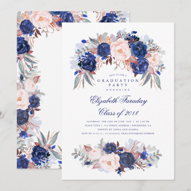 Invitación Fiesta de graduación moderna y floral de la marina (Anverso / Reverso)