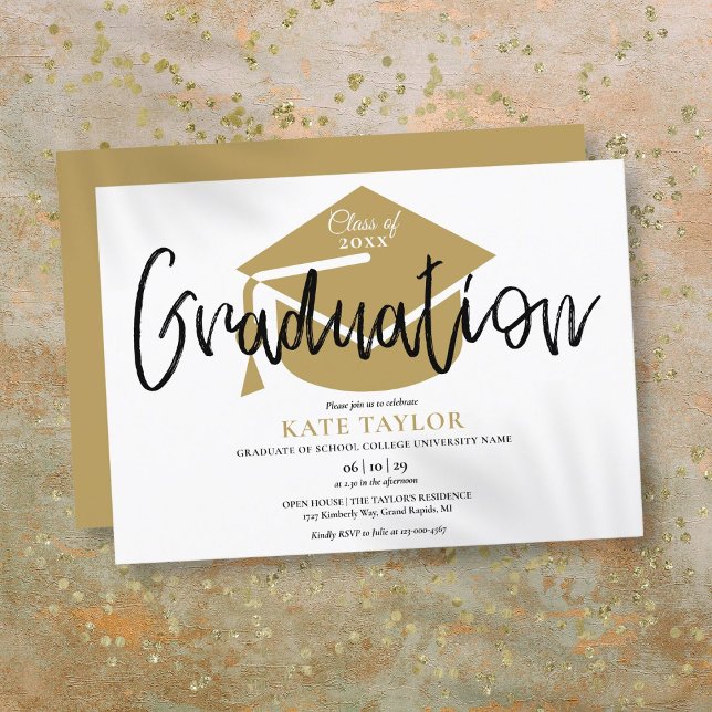 Invitación Fiesta de Graduación Moderna y Simple con Gorra de (Modern Simple Gold Cap Graduation Party Invitation)