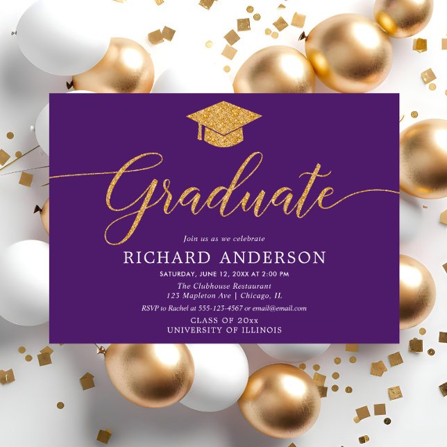 Invitación Fiesta de graduación morado y dorado elegante Grad (Subido por el creador)