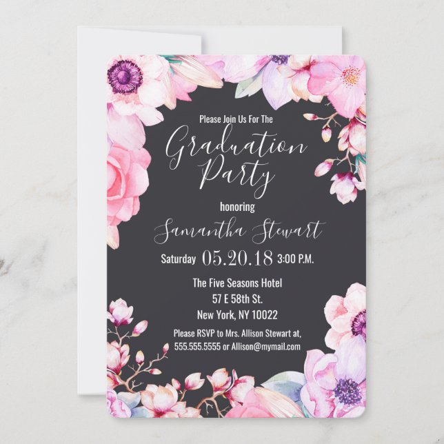 Invitación Fiesta de graduación negra de flores rosas de Rubo (Anverso)