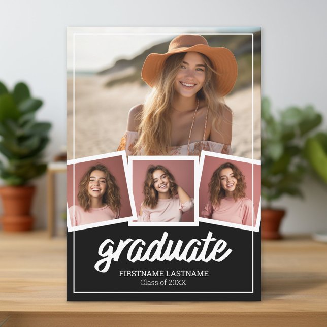 Invitación Fiesta de graduación negra de moda 4 fotos (Custom Graduation Announcement and Invitation)