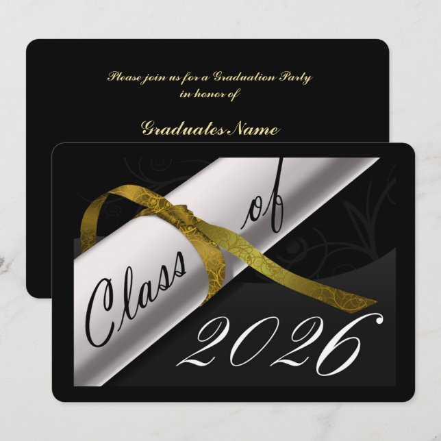 Invitación Fiesta de Graduación Negra y Dorada (Anverso / Reverso)