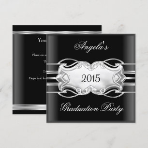 Invitación Fiesta de Graduación Negro Blanco Plata Joyas Eleg
