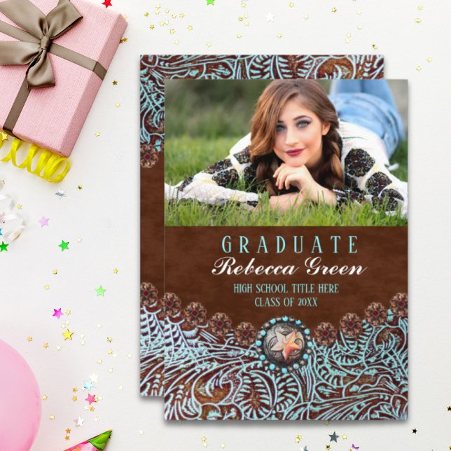 Invitación fiesta de graduación occidental de cuero marrón tu (turquoise brown leather western graduation party invitation)