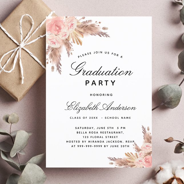 Invitación Fiesta de graduación pampas pasto rosa oro rubor 2 (Subido por el creador)