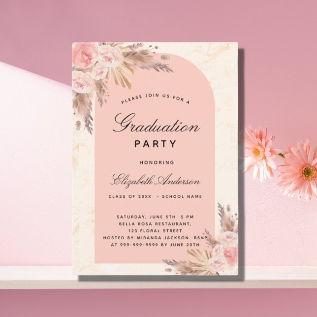 Invitación Fiesta de graduación pampas pasto rosa oro rubor r (Subido por el creador)