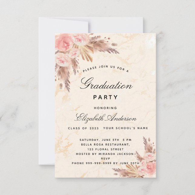 Invitación Fiesta de graduación pampas rosa de oro rubor (Anverso)