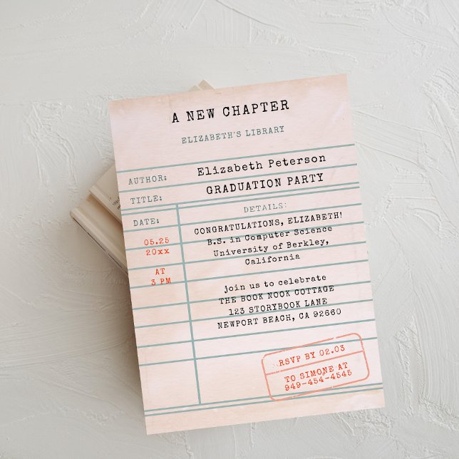 Invitación Fiesta de Graduación para Amante de Libros con Tar (book lover graduation party invitation library card vintage pink bookworm literary librarian type)