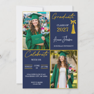 Invitación Fiesta de graduación personalizada Navy Blue & Gol