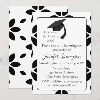 Invitación Fiesta de Graduación Pétalo Moderno en Blanco y Ne